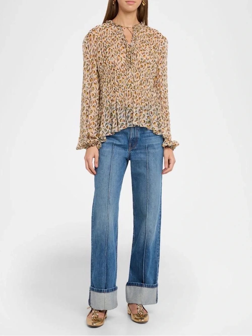 NWT $520 Ulla Johnson Robbie Feather-Print Silk Tie-Front Blouse